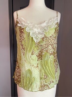 Y2K Vintage Heart Soul Lace-Trim Paisley Cami Tank Top in Green and Brown